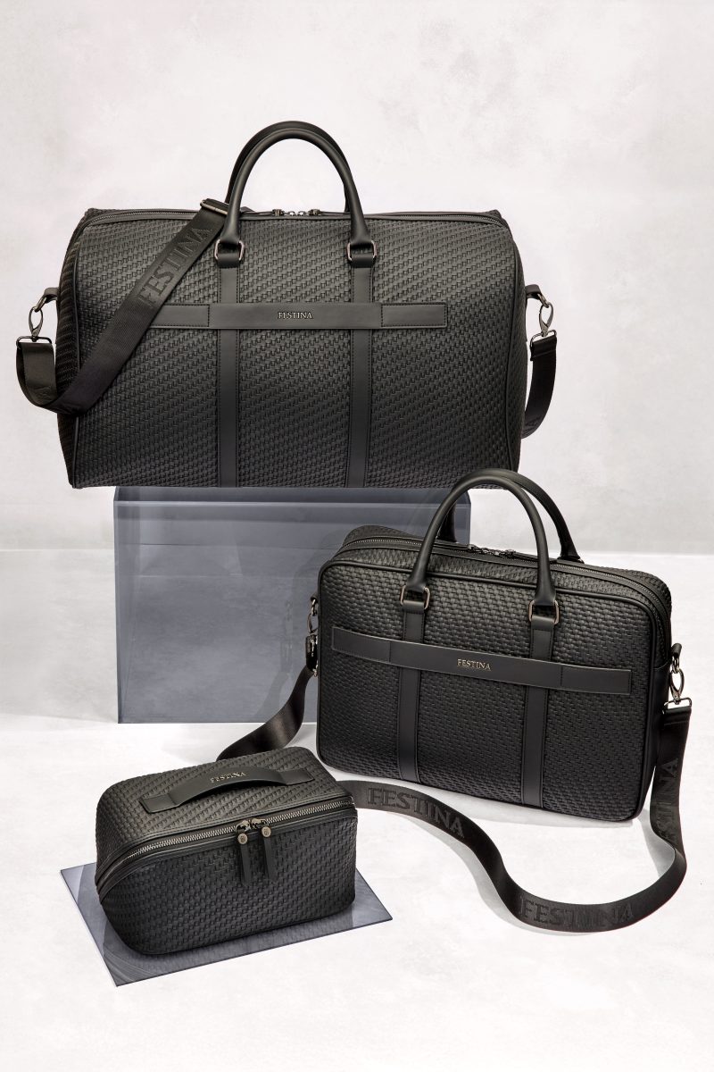 Travel bag, briefcase and washbag in grained black leather — Festina